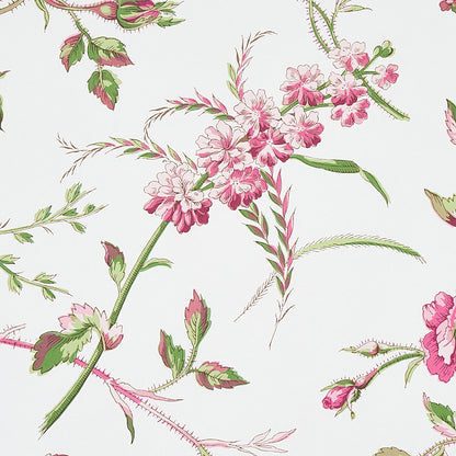 Pink flowers with green stems and leaves in a pastel floral pattern on white fabric.