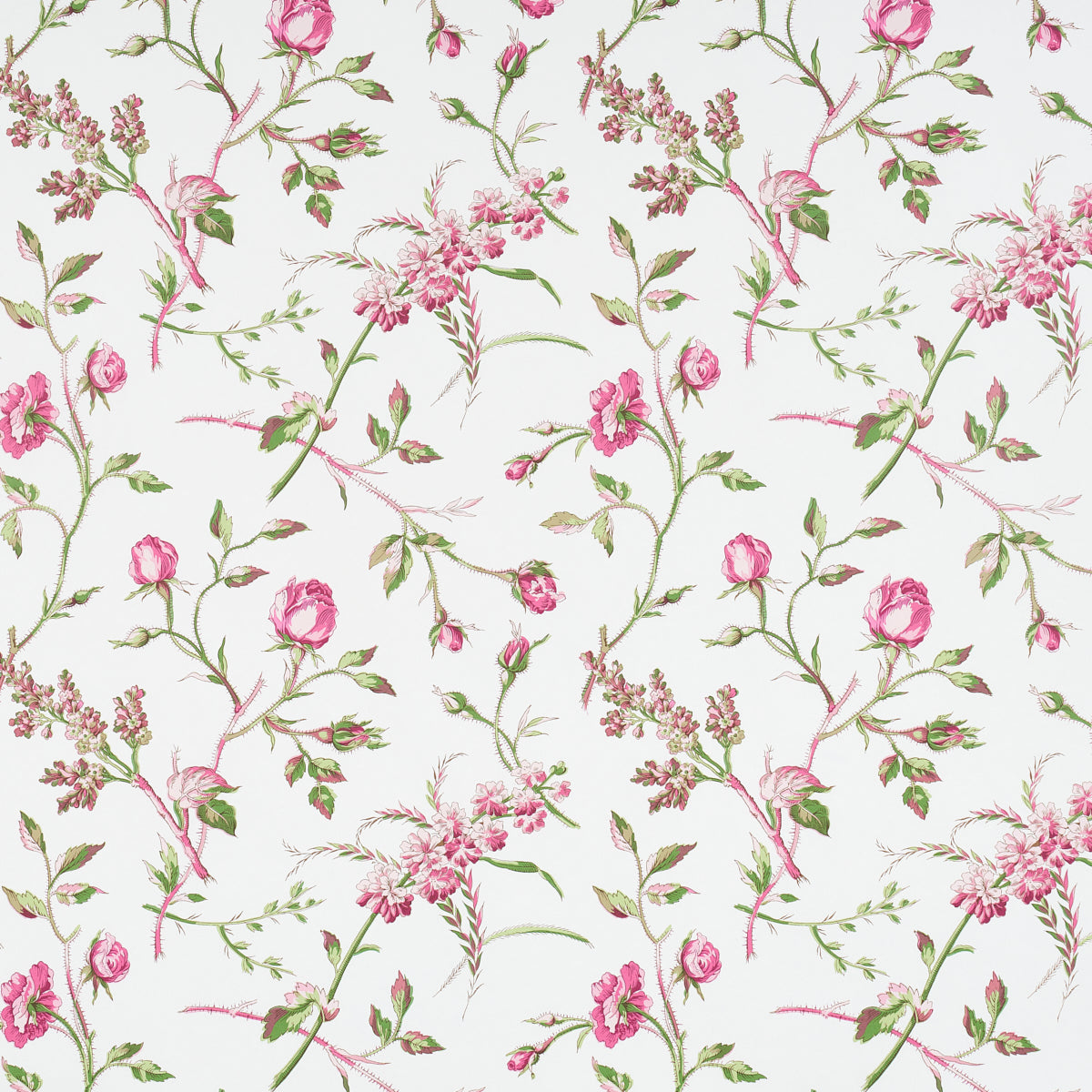 Watercolor floral print of pink roses with green vines on a cream background; versatile wallpaper or fabric design.