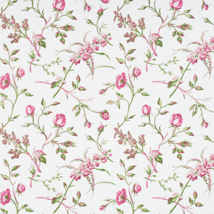 Watercolor floral print of pink roses with green vines on a cream background; versatile wallpaper or fabric design.