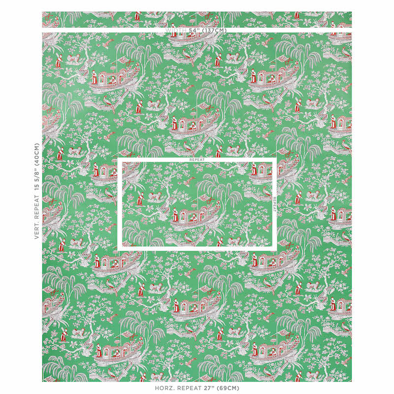 Green toile print with pink and white tropical scenes, including palm trees, bridges and houses; ideal wallpaper or fabric.