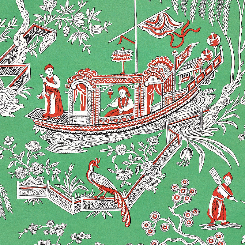 Green fabric with white and red Asian-inspired ornate boat, figures, bridge, peacock, and floral motifs.