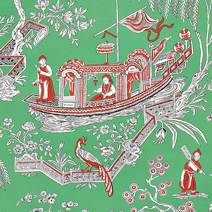 Green fabric with white and red Asian-inspired ornate boat, figures, bridge, peacock, and floral motifs.