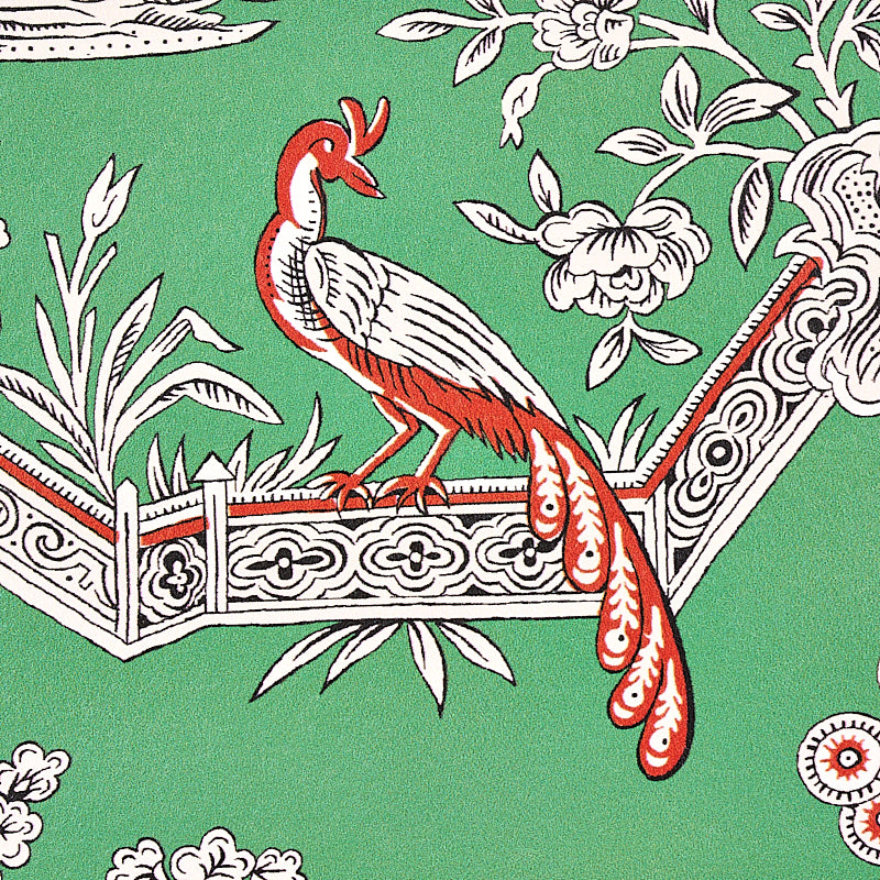 Green background with a white-and-red peacock perched on an ornate carved railing amid florals; folk-art style print.
