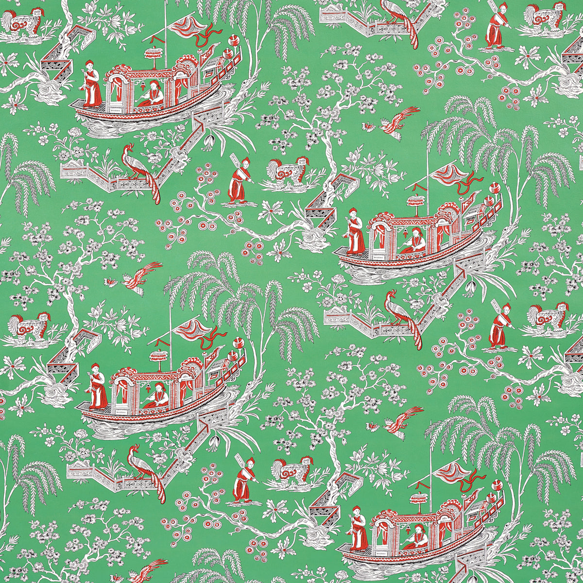 Chinoiserie pattern on green background featuring white/red boats, palm trees, blossoms, bridges, and people in red robes.