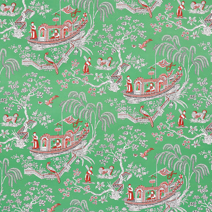 Chinoiserie pattern on green background featuring white/red boats, palm trees, blossoms, bridges, and people in red robes.