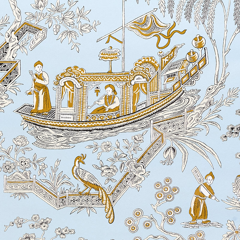 Light blue fabric with gold and white ornate boat motif, featuring figures and flora in a decorative toile pattern.