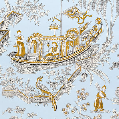 Light blue fabric with gold and white ornate boat motif, featuring figures and flora in a decorative toile pattern.