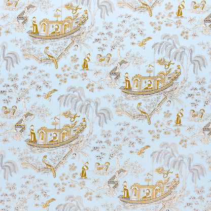 Light blue textile pattern featuring gold-embellished boats with people, palm trees, birds and floral accents in a vintage motif.