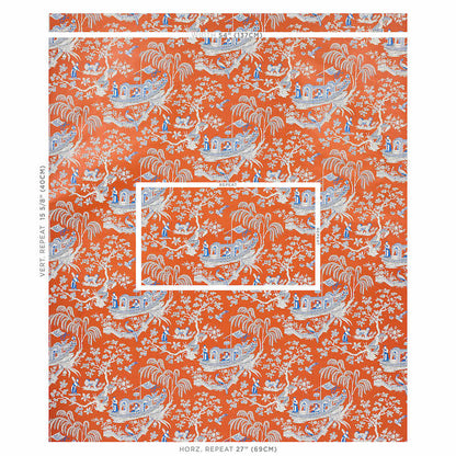 Orange tropical motif with light-blue boats, palm trees and foliage; repeating fabric/wallpaper design.