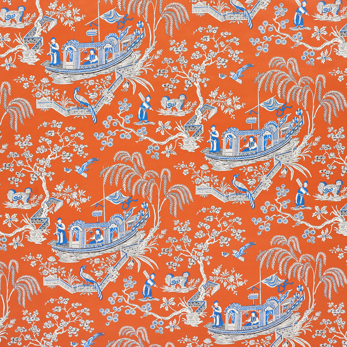 Orange chinoiserie fabric pattern with white and blue boats, trees, bridges and people.