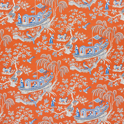 Orange chinoiserie fabric pattern with white and blue boats, trees, bridges and people.