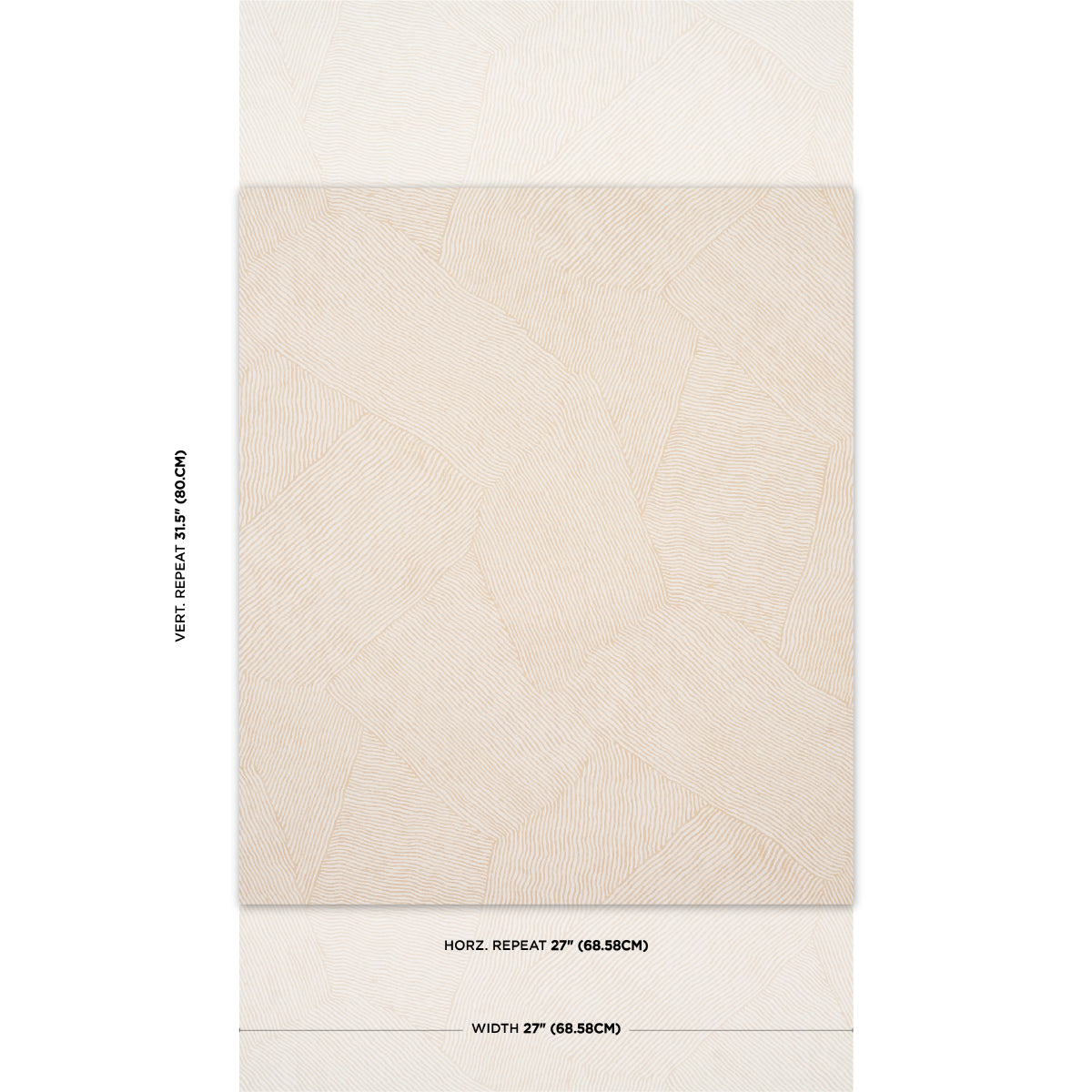 Beige textured wallpaper sample with subtle leaf pattern; card shows width and horizontal repeat measurements.