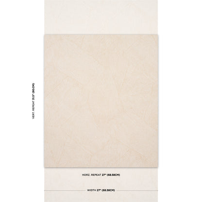 Beige textured wallpaper sample with subtle leaf pattern; card shows width and horizontal repeat measurements.