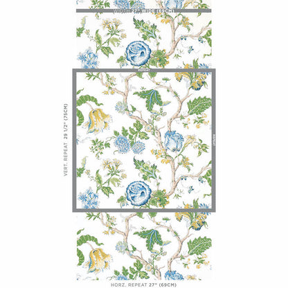 Botanical wallpaper pattern with blue and yellow flowers, green leaves and brown branches on white, framed gray swatch.