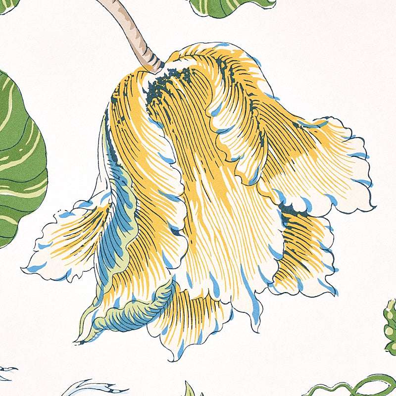 Tropical floral print featuring a large hibiscus with yellow-blue petals, white edges, and green leaves.