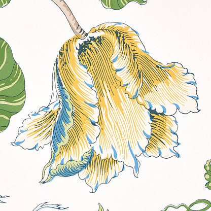 Tropical floral print featuring a large hibiscus with yellow-blue petals, white edges, and green leaves.