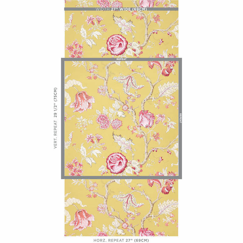 Yellow wallpaper with pink roses & white blossoms on a vintage botanical pattern; gray framed swatch shows repeat.