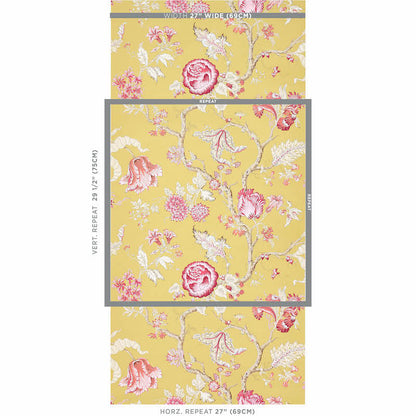 Yellow wallpaper with pink roses & white blossoms on a vintage botanical pattern; gray framed swatch shows repeat.