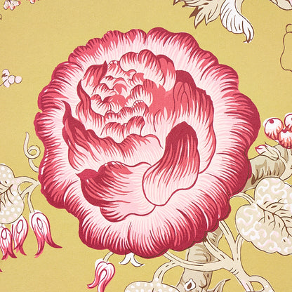 Bold pink peony bloom on mustard yellow background; vintage botanical textile pattern for fabric & wallpaper