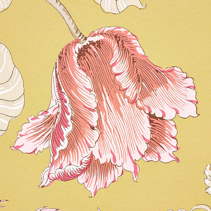 Mustard-yellow fabric featuring a large pink ruffled flower print with white-edged petals.
