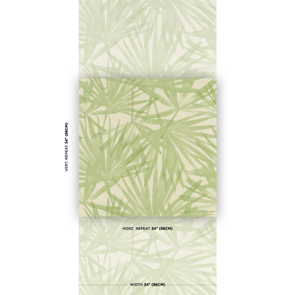 Soft green palm-leaf print sisal rug in pistachio tones on a light background.