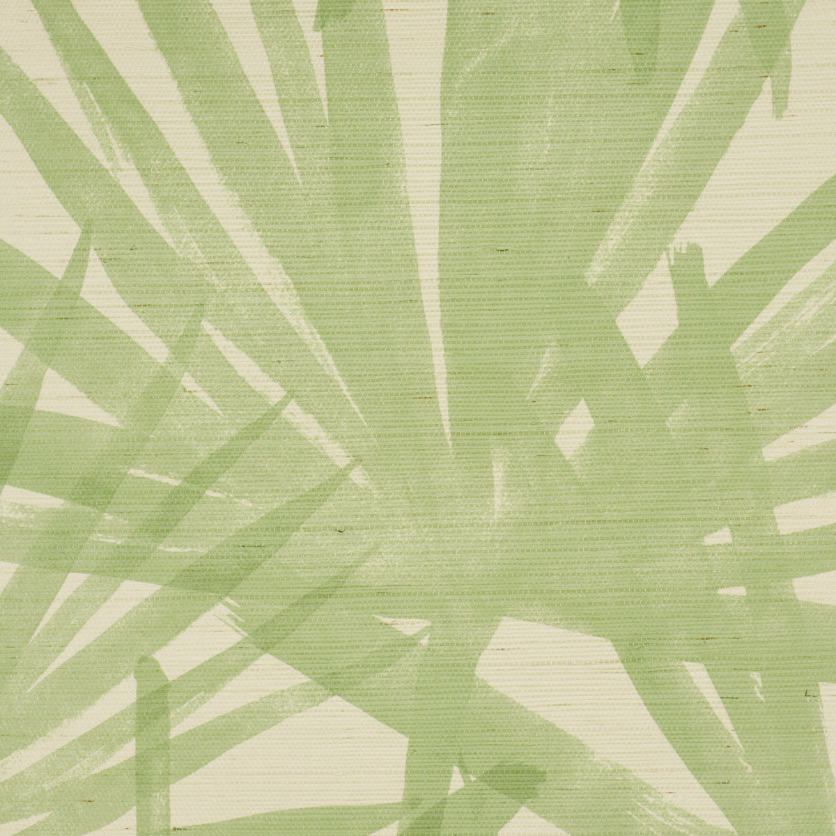 Beige linen-like fabric with sage green palm frond pattern, tropical botanical print.