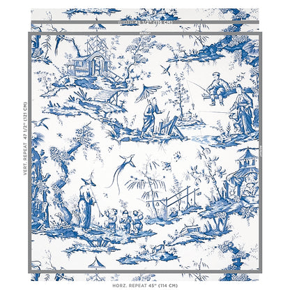 Blue and white toile wallpaper featuring pastoral countryside scenes, houses, bridges and people.