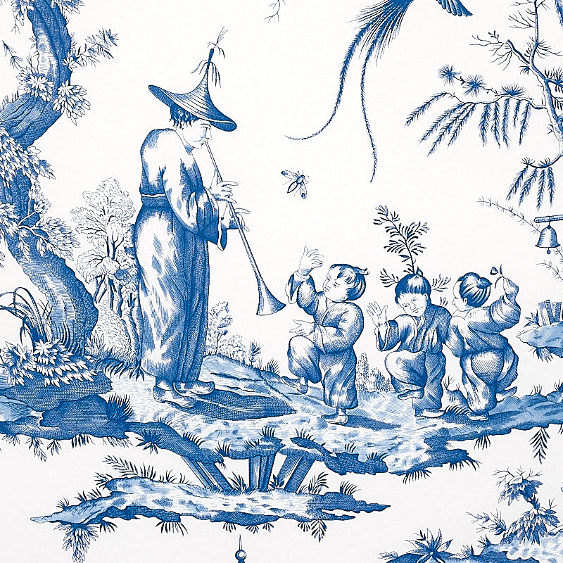 Blue-and-white toile print of a robed man with a horn entertaining three children in a garden scene.
