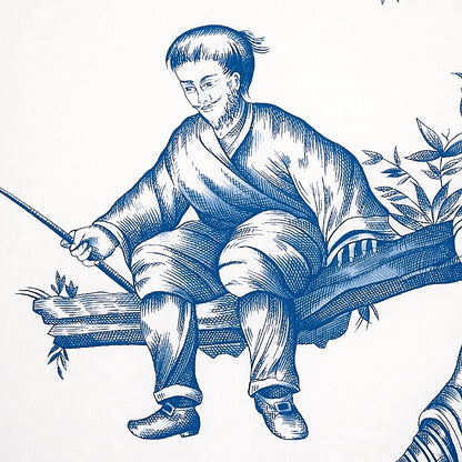 Blue monochrome illustration: child in traditional robe sits on a branch, fishing with a rod, leaves in the background.