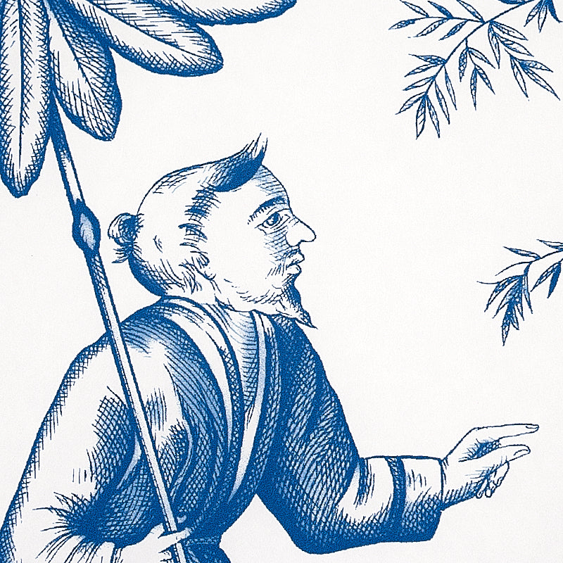 Blue ink vintage line drawing of a bearded man in a robe holding a staff, pointing, with bamboo leaves around.