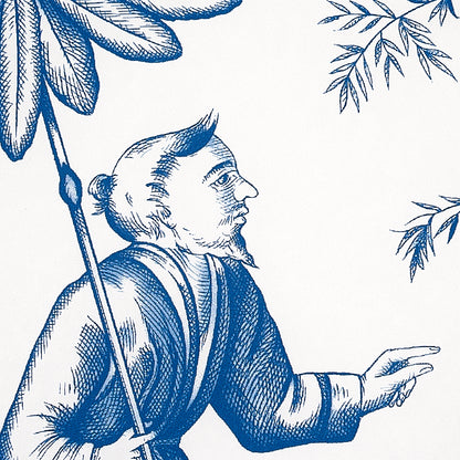 Blue ink vintage line drawing of a bearded man in a robe holding a staff, pointing, with bamboo leaves around.