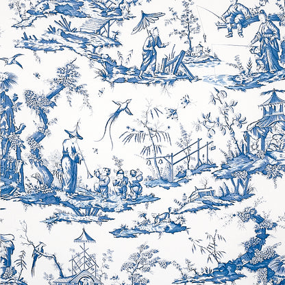 Blue-and-white toile fabric featuring pastoral scenes, trees, pagodas, birds, and people in a countryside landscape.