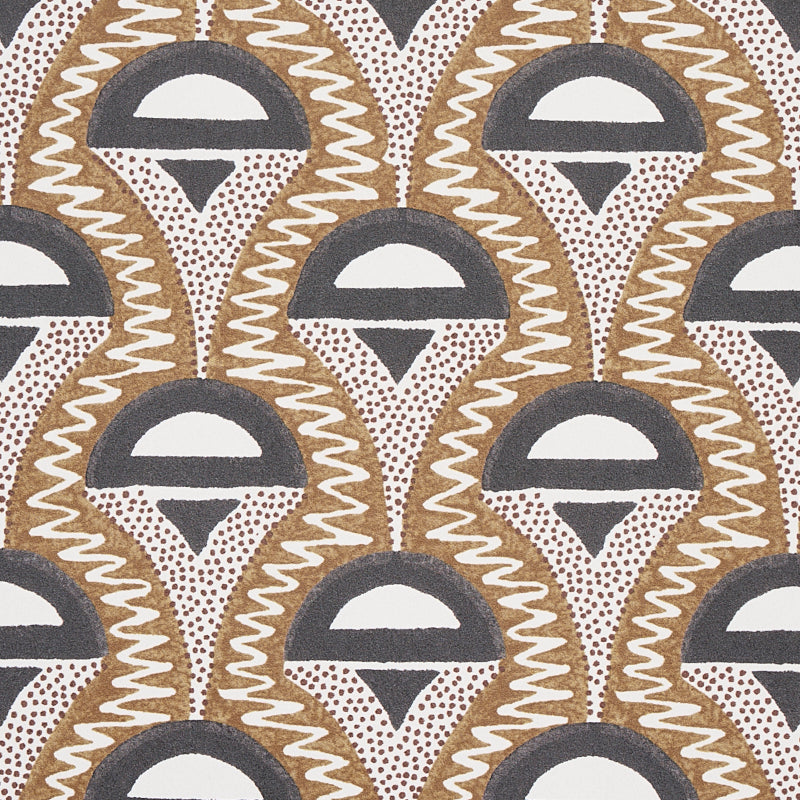Mid-century geometric fabric pattern in camel and black with teardrop shapes outlined by zigzags on a light neutral backdrop.