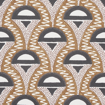 Mid-century geometric fabric pattern in camel and black with teardrop shapes outlined by zigzags on a light neutral backdrop.