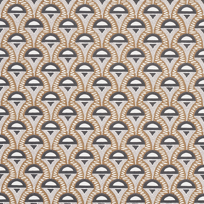 Repeating arch motif in charcoal gray, taupe and white with tan zigzag borders on light fabric.