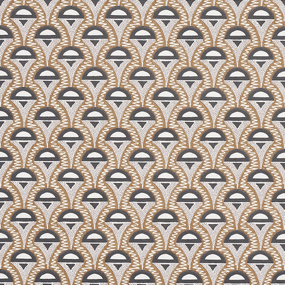 Repeating arch motif in charcoal gray, taupe and white with tan zigzag borders on light fabric.