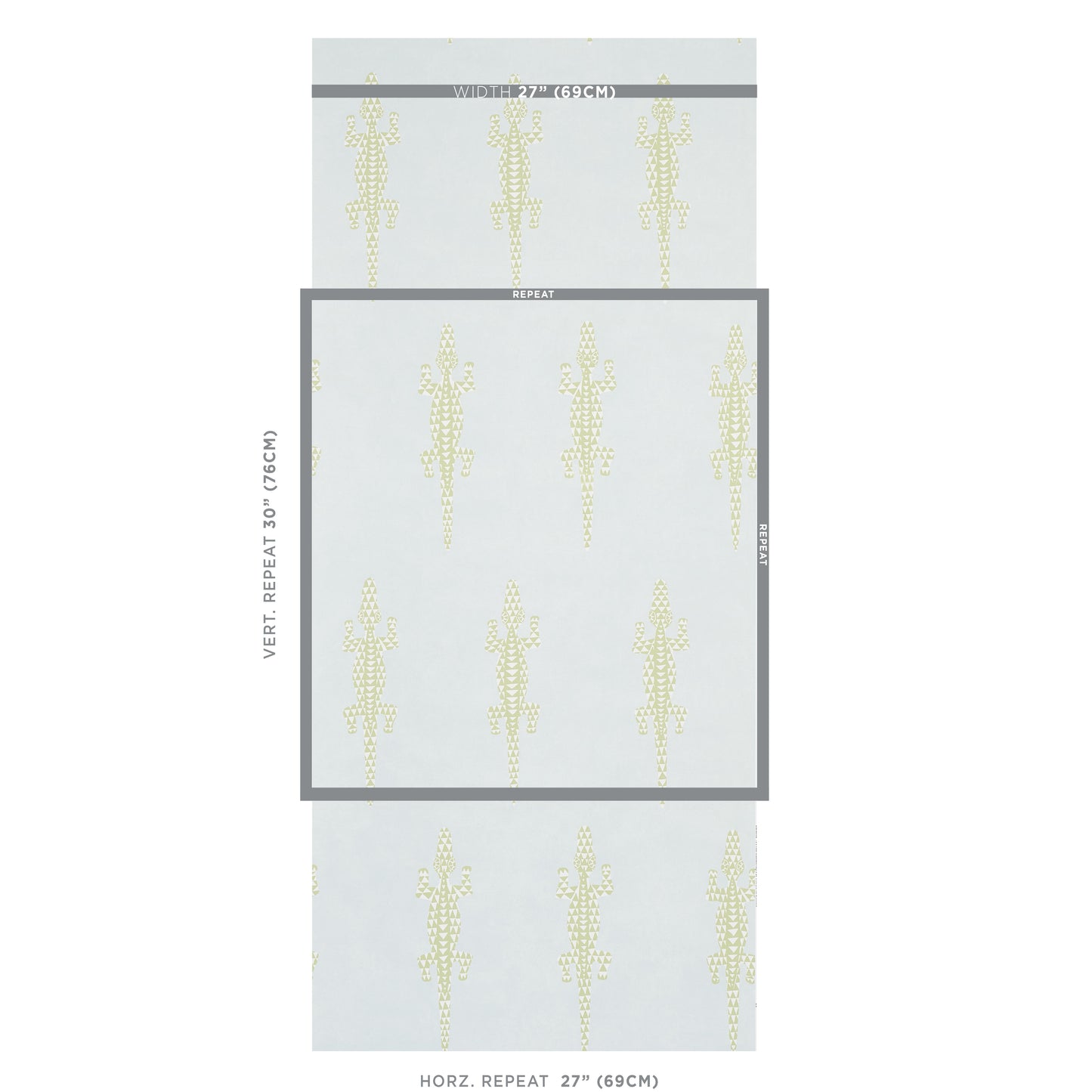 Light gray wallpaper swatch with pale yellow vertical lizard pattern, framed central panel, modern decorative wallcovering.