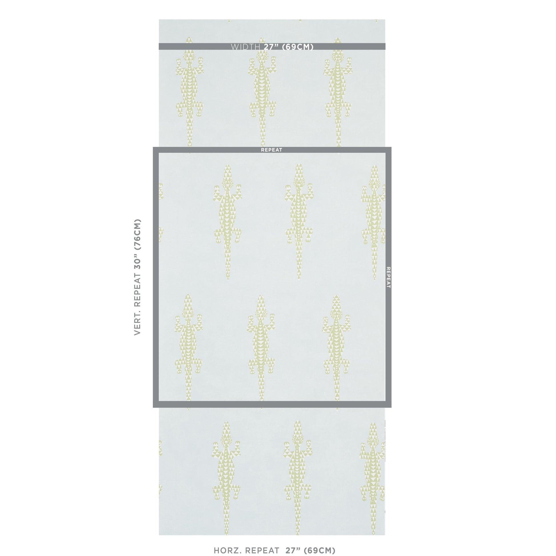 Light gray wallpaper swatch with pale yellow vertical lizard pattern, framed central panel, modern decorative wallcovering.