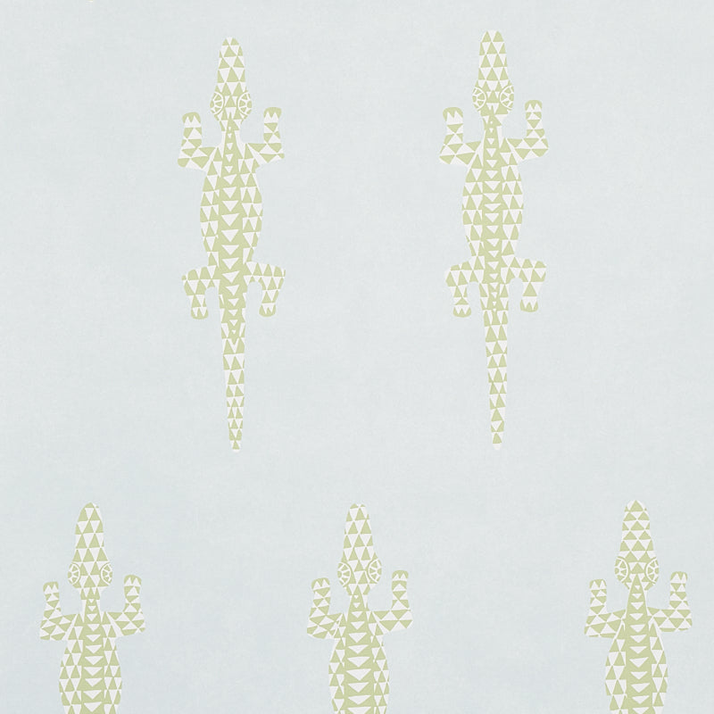 Pale yellow geometric lizards made of triangles on a light blue background; repeating wallpaper motif.
