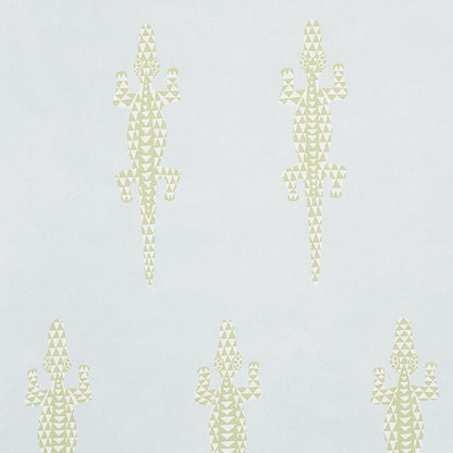 Pale yellow geometric lizards made of triangles on a light blue background; repeating wallpaper motif.