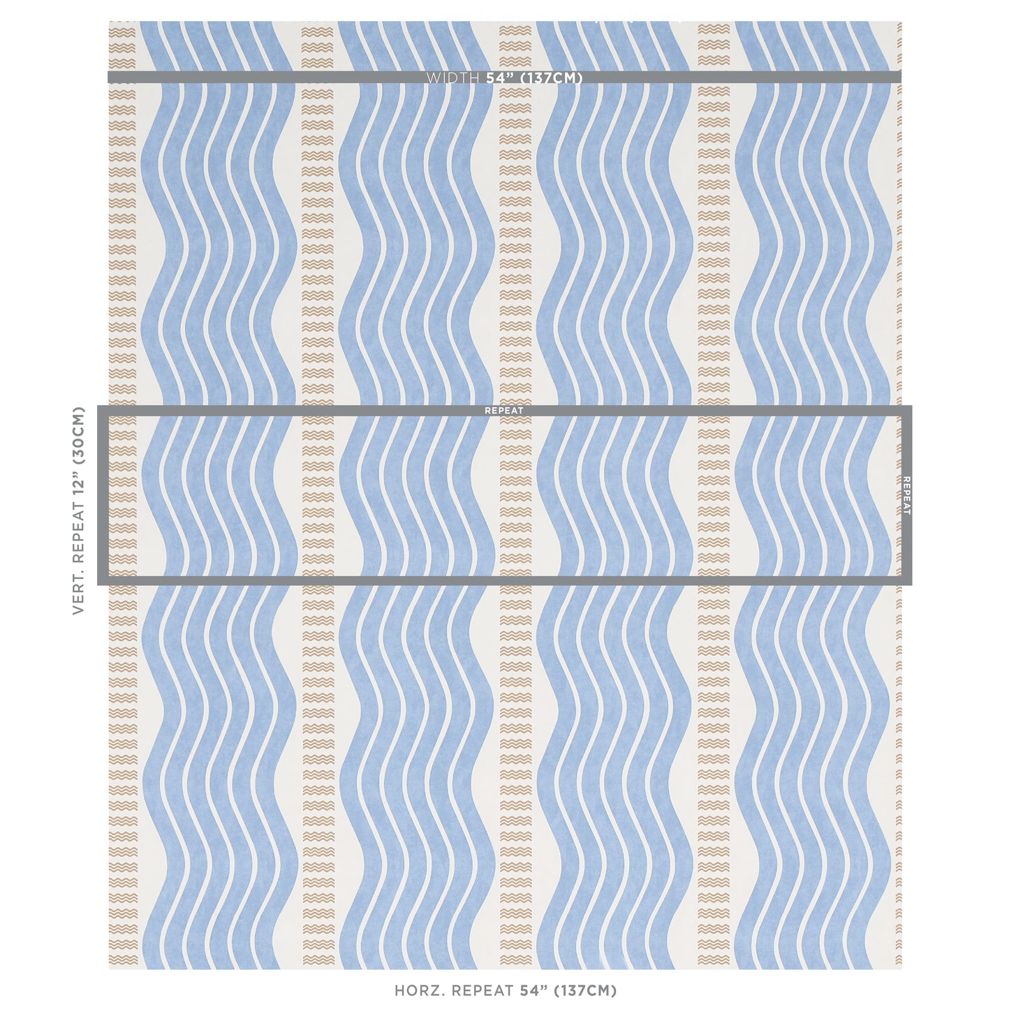Blue wavy vertical stripes with beige dotted columns on a light cream background fabric.