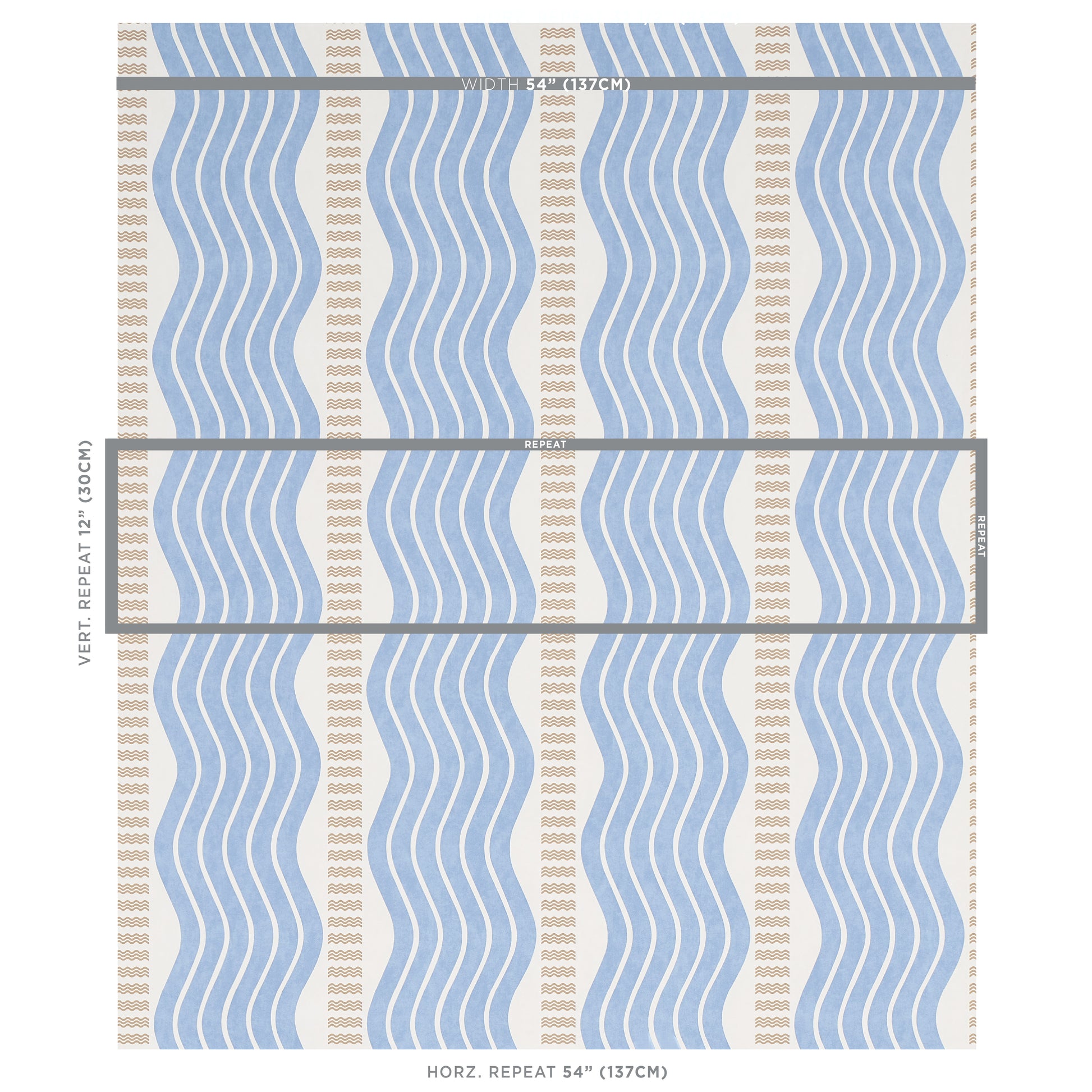 Blue wavy vertical stripes with beige dotted columns on a light cream background fabric.