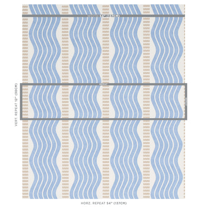 Blue wavy vertical stripes with beige dotted columns on a light cream background fabric.