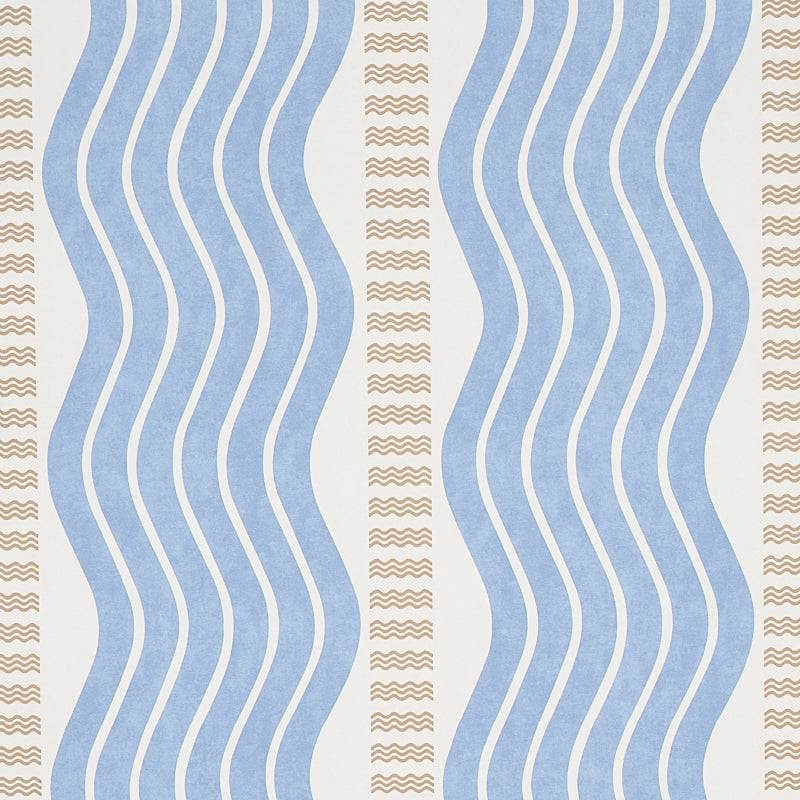 Light blue vertical wavy stripes with tan zigzag accents on cream wallpaper.