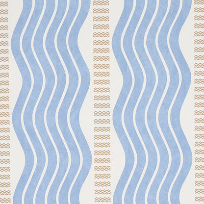 Light blue vertical wavy stripes with tan zigzag accents on cream wallpaper.