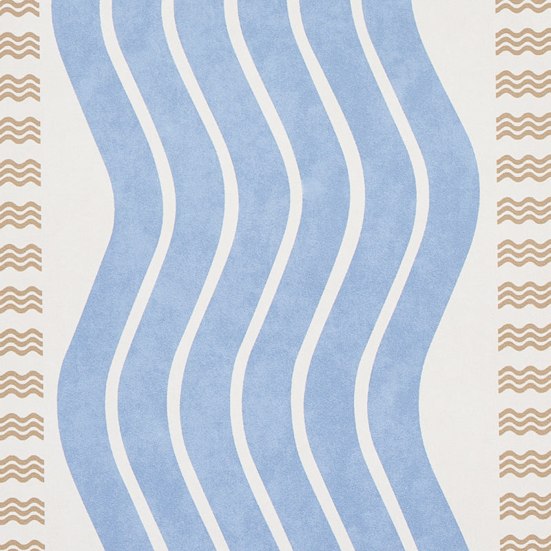 Cream background with light blue wavy stripes and brown border wave patterns on sides; abstract textile print.