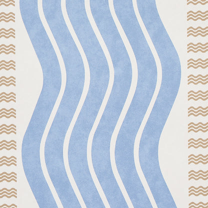 Cream background with light blue wavy stripes and brown border wave patterns on sides; abstract textile print.