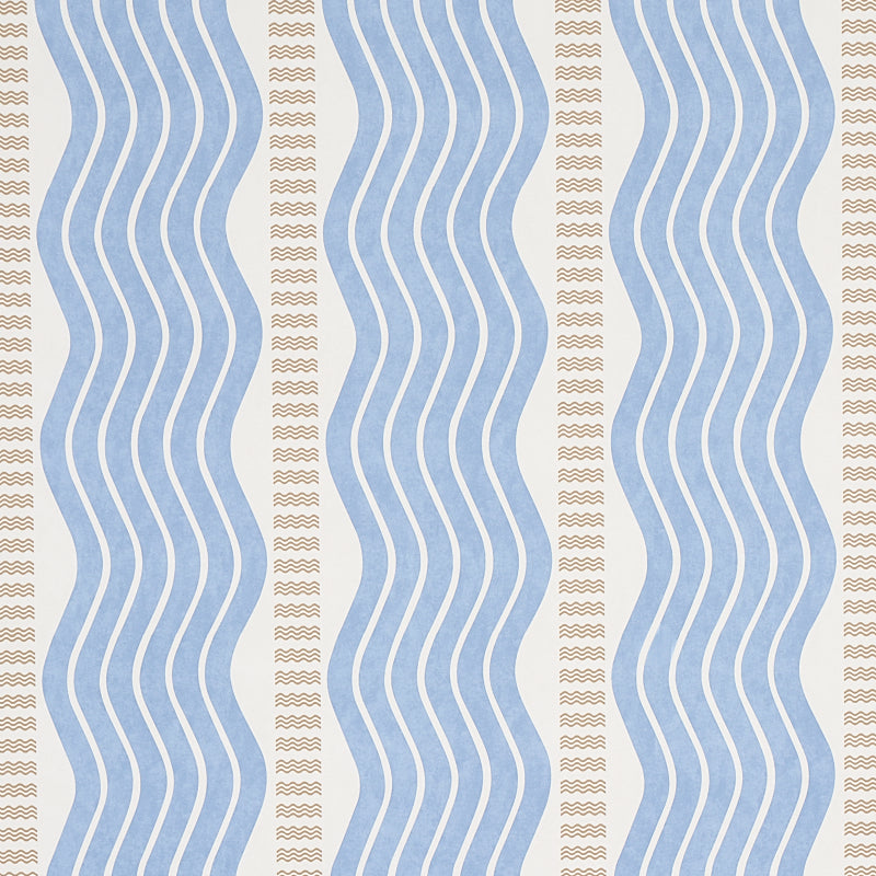 Vertical wallpaper pattern of blue wavy stripes with narrow beige zigzag columns on a light background