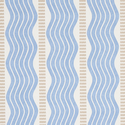 Vertical wallpaper pattern of blue wavy stripes with narrow beige zigzag columns on a light background