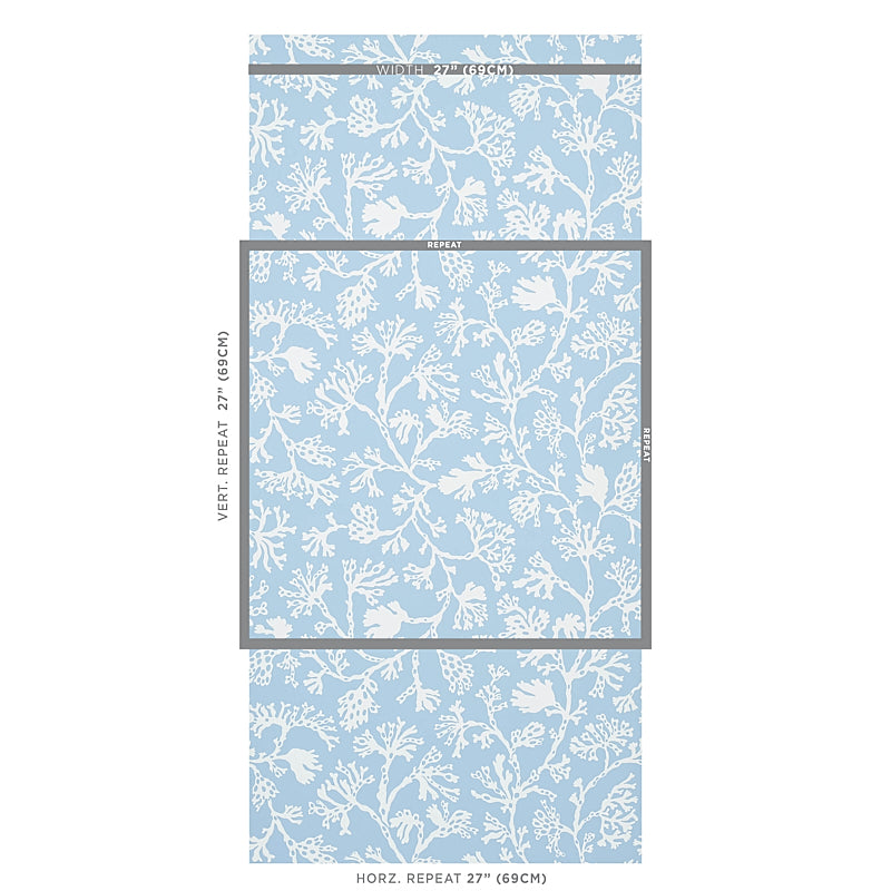 Blue wallpaper with white botanical leaves; three-panel sample showing 27-in horizontal and vertical repeats.